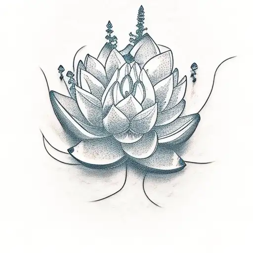 Larkspur Going Up The Spine With A Lotus Flower Behind It And Thorny Vines Spiraling Them