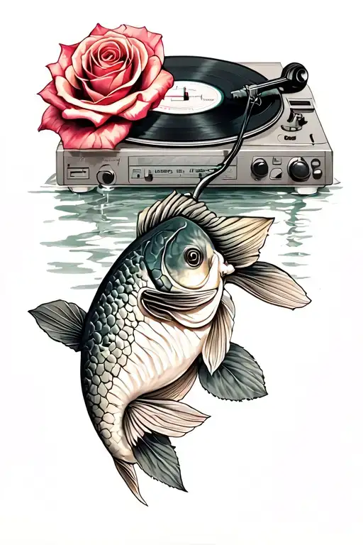 Rose Intertwined With Vinyl Player And A Carp