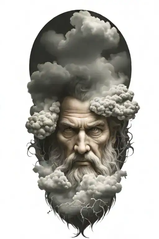 Zeus Face Raging Storm Clouds Surrounding