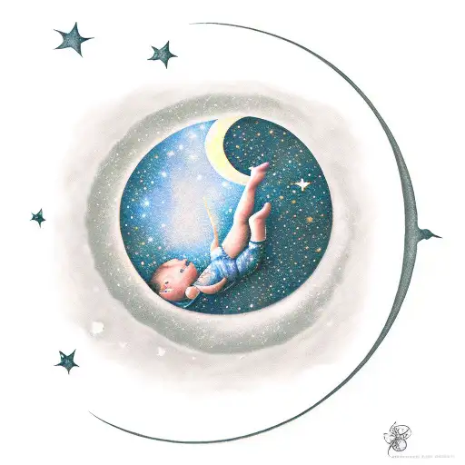 Child Looking At The Moon In The Sky Full On Stars With The Color Of Universe