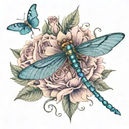 Sunflower With Pink Tea Roses And A Blue Dragonfly