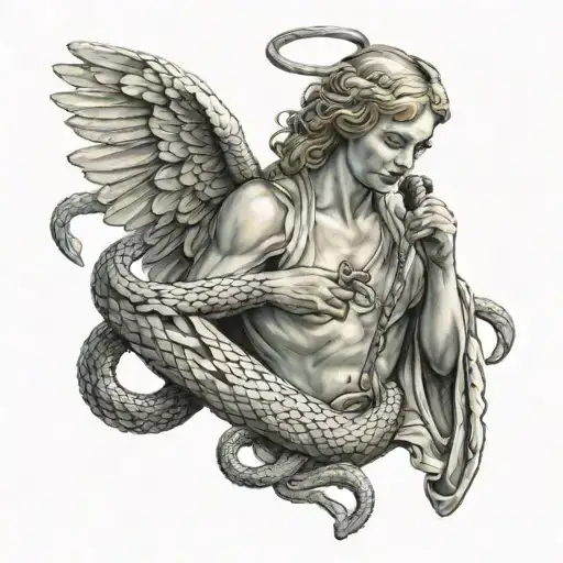 An Angel Holding A Snake By The Throat In One Hand And Holding A Knife In The Other