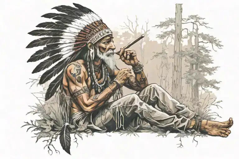 Indian In Traditional Head Dress Sitting In The Woods Smoking A Piece Pipe