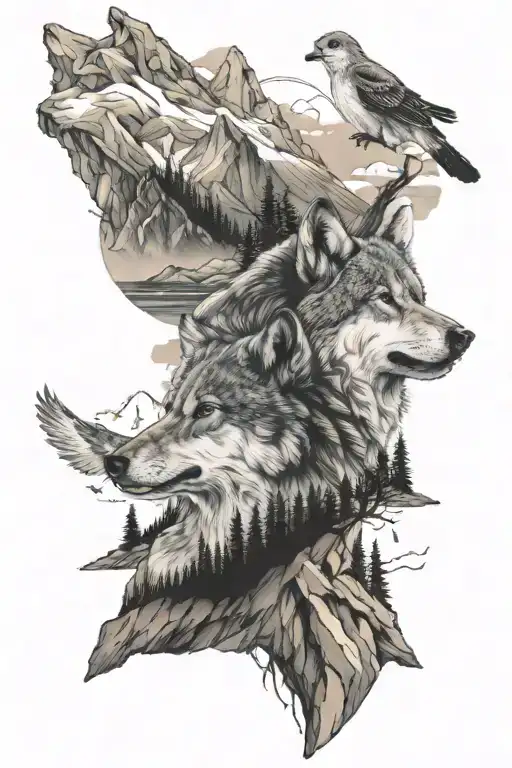 Mountains Birds And Wolf