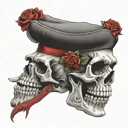 Skull Wearing Military Red Beret Side View With Roses