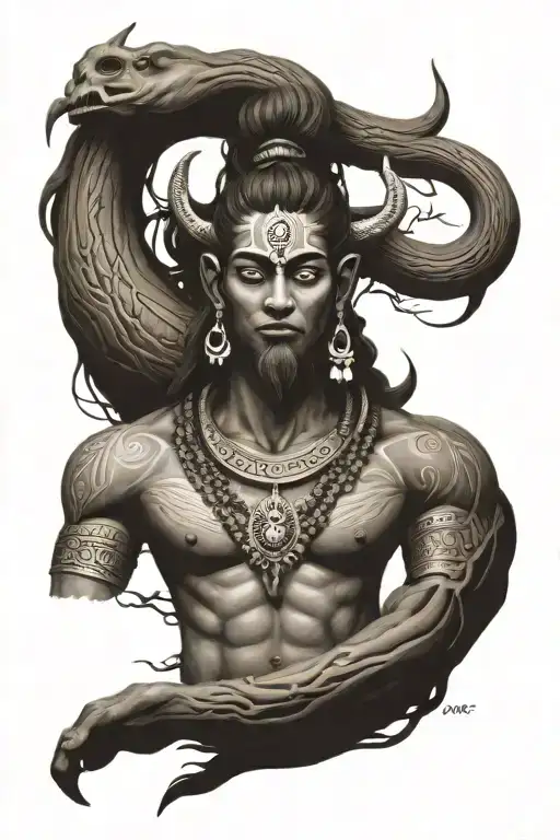 Tattoo With Mountain River Lord Shiv Hindu Symbolic For Four Arms Ad Brown Skin Tone