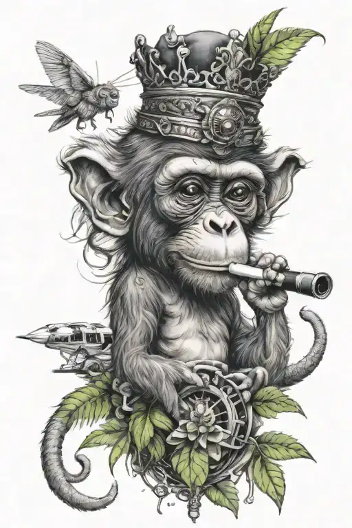 Monkey With Crown Smoking Weed Joint And Helicopter On Top