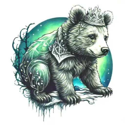 A Whimsical Scene Of A Baby Bear Wearing A Crown Under The Northern Lights