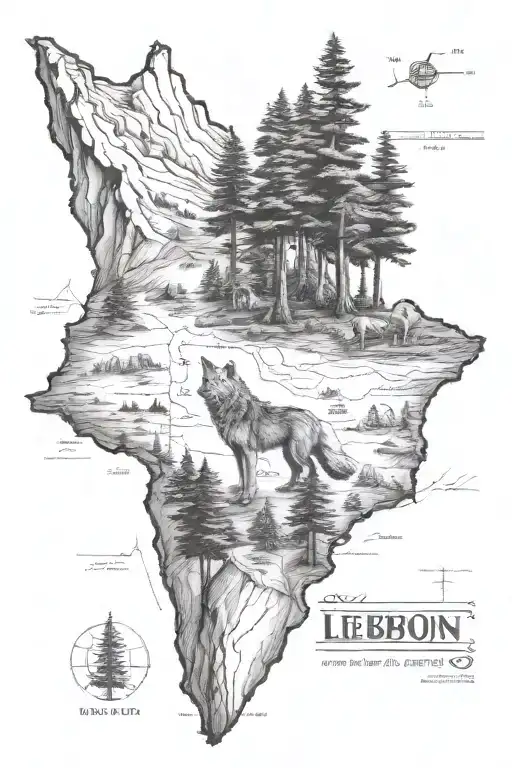 Lebanon Map With Cedar Tree Wolf Howling