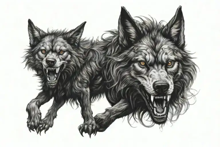 Realistic Black And White Fenrir Tattoo Design