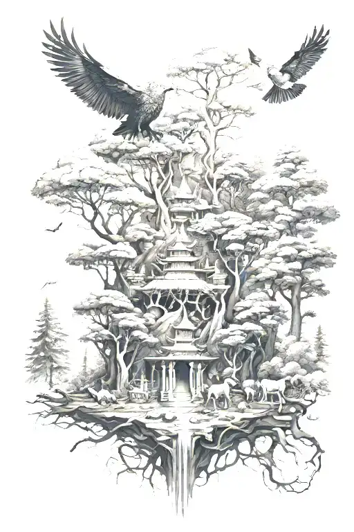 Forest Landscape And Animals Temple Surrounded