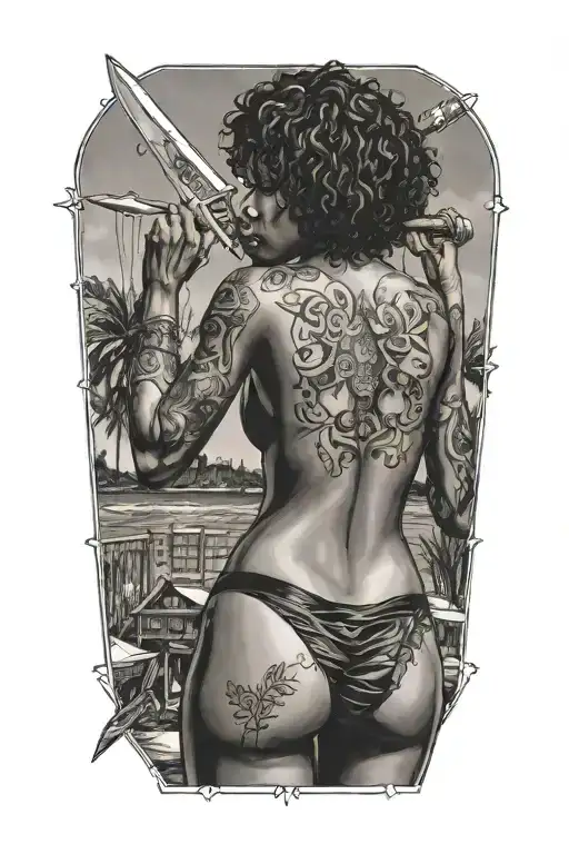 Black Woman Sexy Bikini With Knife Back Facing Away