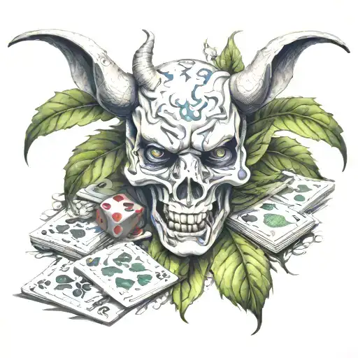 Devil Snorting Cocaine With Dice And Cards Smoking Weed Leaves Vile Of Cocaine