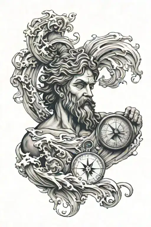 Poseidon With Waves Map With A Compass Money Bag