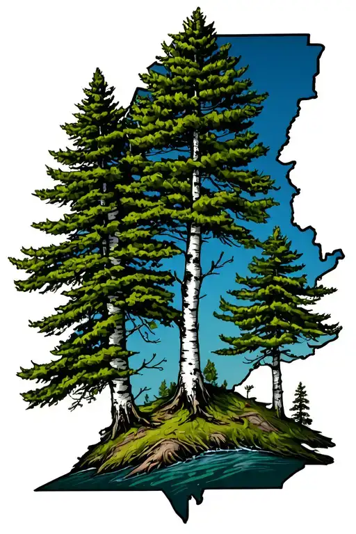 State Of Maine With 3 Birch Trees And A Fur Tree Growing