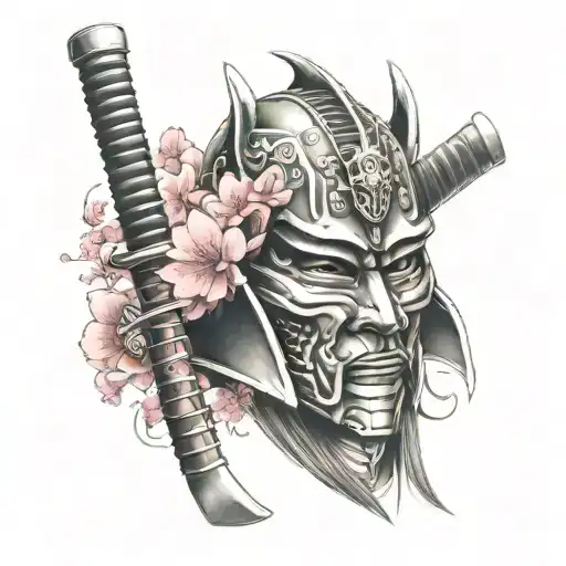 Samurai Mask And Katana With Sakura And Katana