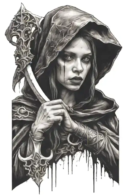 Dark Women With Black Hood And A Scythe In A Hand