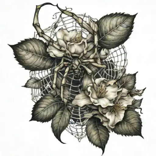 Spider Webs In Between Decaying Flowers And Leafs