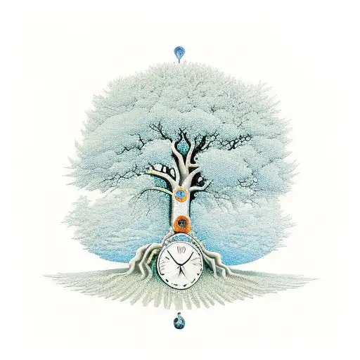 Large Tree Growing Out Of Pocket Watch Green Blue Orange
