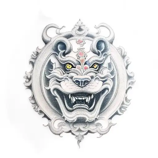 A Foo Dog Guarding A Temple Entrance