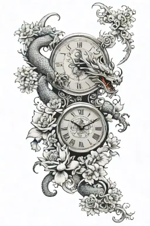 Chinese Dragon And Flowers With A Clock Face