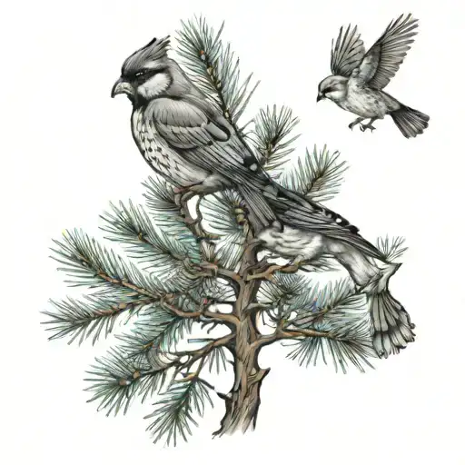 Pine Tree With 3 Birds