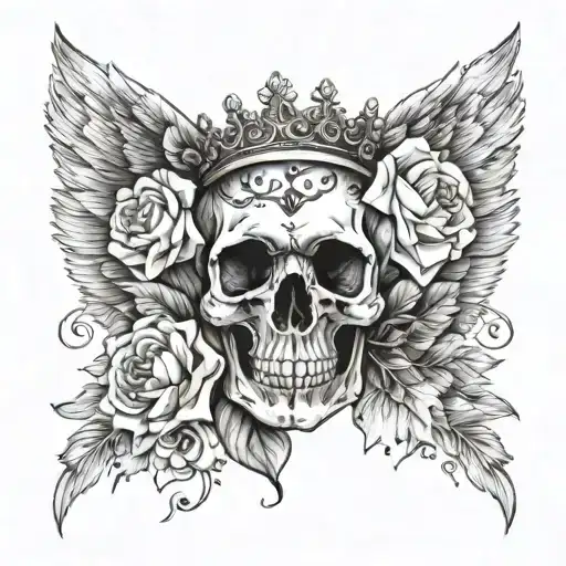 Feminine Styled Skull With Crown Flowers And Angel Wings