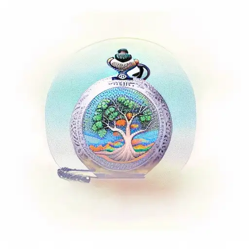 Tree Growing Out Of Pocket Watch Green Blue Orange