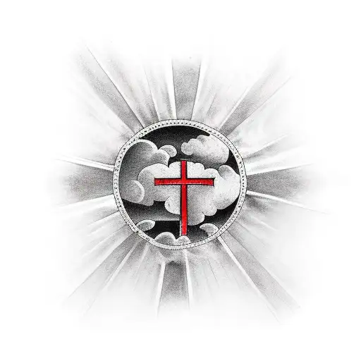 Tattoo With Cross On The Left And And Quote On The Right Side Of The Cross With Light Clouds Behind
