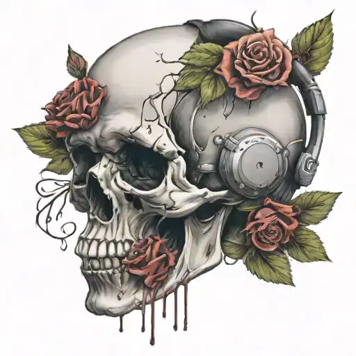 A Skull Wearing Headphones With Roses Growing Out Of Its Eye Sockets