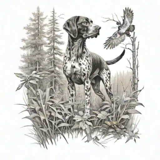 A Scene Of A German Shorthaired Pointer Pointing Towards A Hidden Pheasant In A Dense Forest