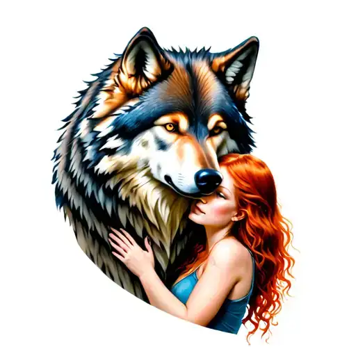 Large Alpha Wolf Protecting A Red Haired Young Adult Female