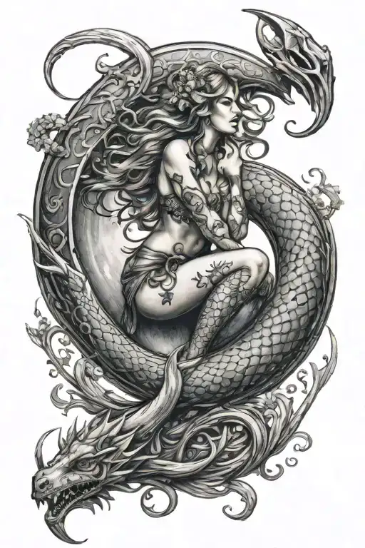 Goddess Mermaid Sitting On Crescent Moon With A Dragon Flying