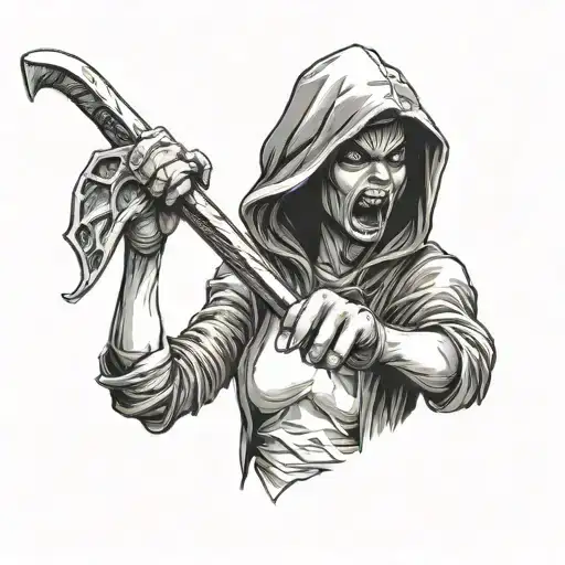 Dark Women With Monster Mouth With A Hood And A Scythe In The Hand