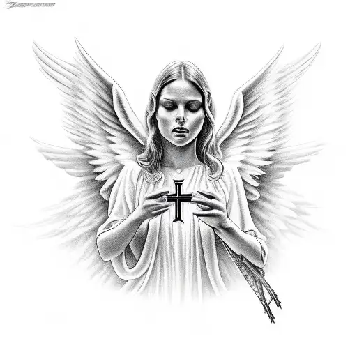 Angel With Christian Cross And Majestic Angel Wings