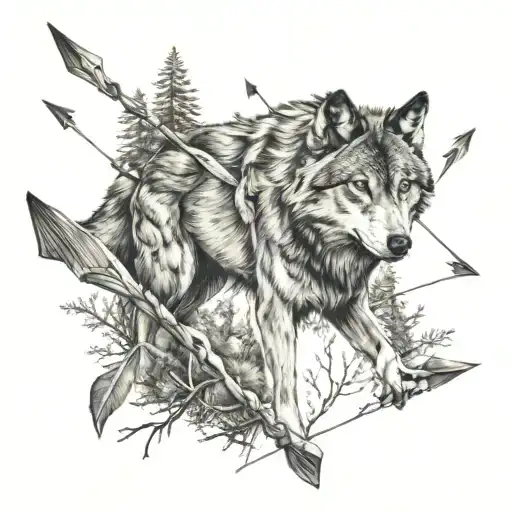 Wolf In Wild Trees And Arrows