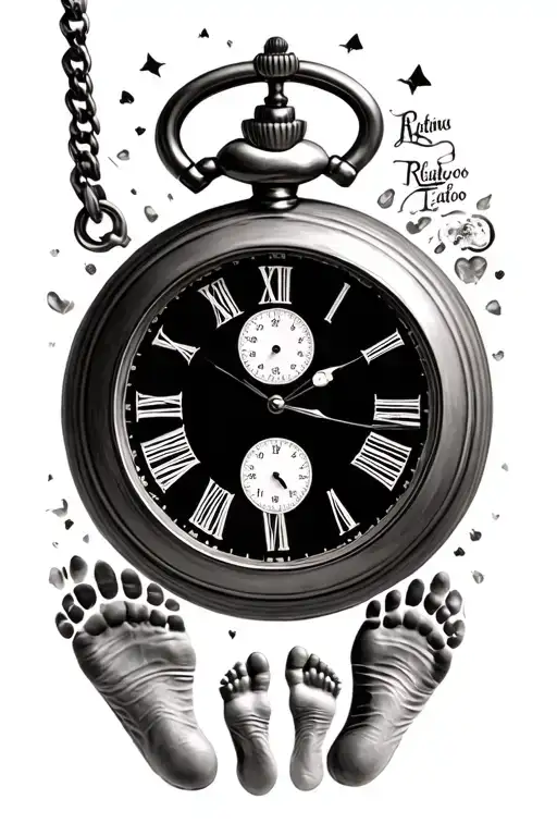 Pocket Watch With Date And Time And Baby Foot Prints Around It