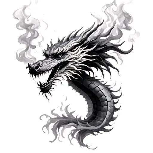 Japanese Dragon Head With Smoke And Fire Black And Grey