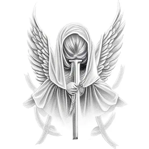 Angel With Christian Cross And Majestic Angel Wings