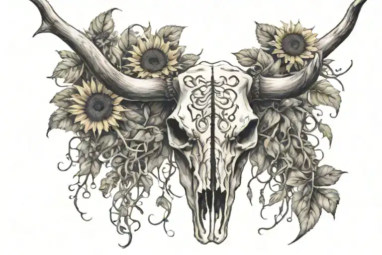 Sternum Tattoo Of Longhorn Cow Skull With Vines Wrapped Around Its Horns With Sunflowers
