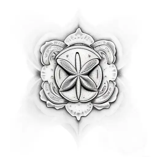 A Realism Style Tattoo Of A Sand Dollar Surrounded By Roses And Waves