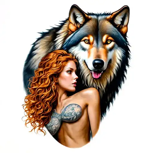 Full Body Alpha Wolf Protecting A Ginger Female