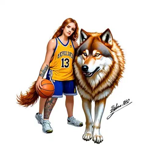 Wolf Protecting Ginger Female With A Basketball Jersey With The Number 13 On It