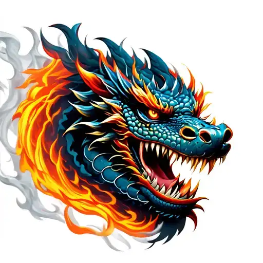 Japanese Dragon Head With Smoke And Fire