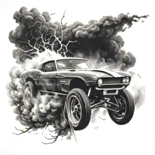 A Tattoo Design Featuring A Race Car Speeding Through A Storm