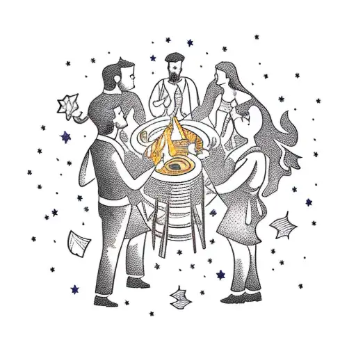 A Group Of Friends Toasting Drinks Around A Bonfire Under A Starry Night Sky