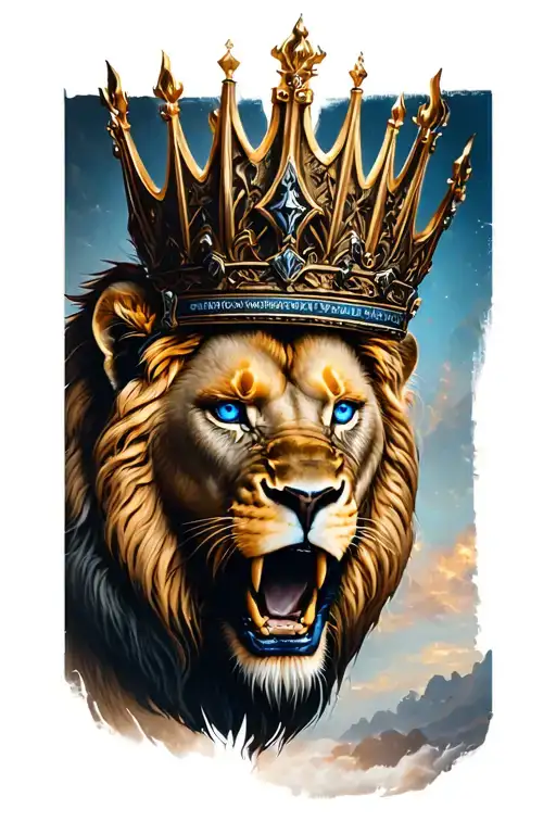 Lion Roaring With Blue Eyes Wearing A Crown Of Thrones