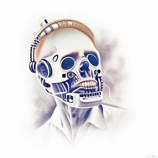 A Realistic Portrait Of A Famous Musician Surrounded By Robot Companions