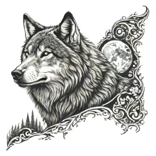 Halfface Wolfface With Moon Made Entirely Of Intricate