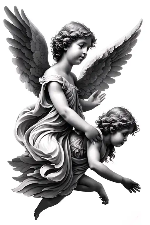 Small Angels Flying Reinessamce Style Black And White
